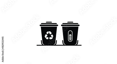 Two black recycling bins with lids, one showing a recycling symbol and the other a battery symbol, on a white background.