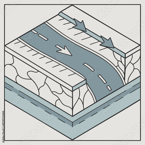 Fault line motion shown in isometric view, a valuable science illustration for geological studies and educational content about earthquakes and plate tectonics