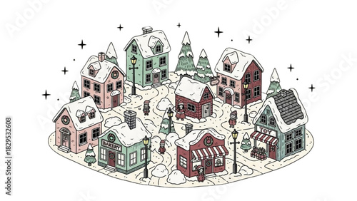 Winter Holiday Village Illustration Featuring Snow-Covered Houses and Festive Decorations