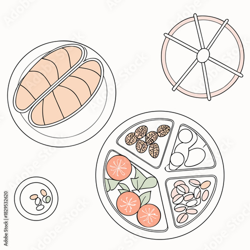 Healthy eating concept with balanced meal featuring fruit, nuts, and protein, perfect for nutrition guides and dietary resources, vector illustration