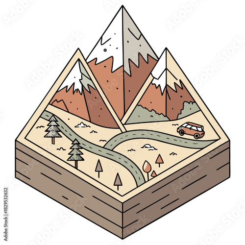 Isometric mountain landscape adventure with car on winding road, camping vibes, exploring nature, scenic drive, weekend getaway, travel destination art