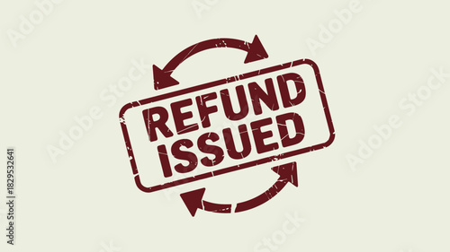 A maroon refund issued stamp with arrows in a rectangle on a light beige color background image view