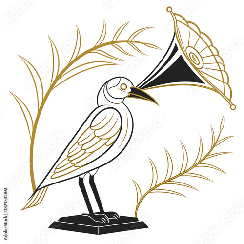 Striking bird emblem with vintage horn, perfect for music lovers and sophisticated branding, exuding classic charm and unique avian artistry in gold and black