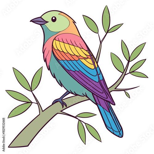 Stunning colorful roller bird perched on a branch, evoking peaceful nature vibes and vibrant wildlife illustration for educational or decorative projects