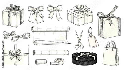 Hand-Drawn Gift Wrapping Supplies and Tools Illustration with Ribbons and Boxes