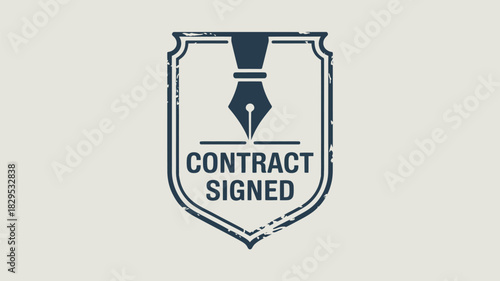 A contract signed stamp with a pen inside a shield frame on a light beige background in a vector style