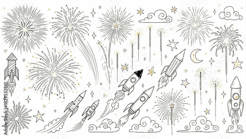 Fireworks and Rocket Launches Celebration Graphic Illustration with Festive Elements and Night Sky