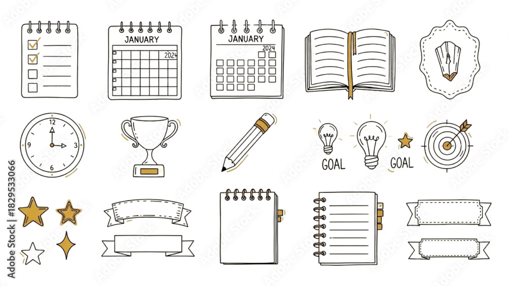 Fototapeta premium Organized Productivity Tools Including Notebooks, Calendars, and Goal Icons in Minimalist Graphic Design