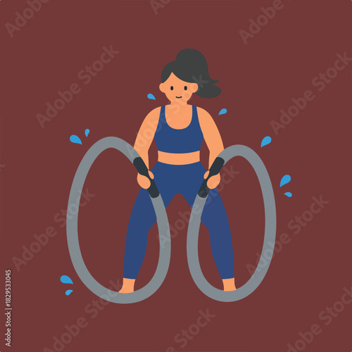 The image shows a woman in workout gear in front of a brown background holding battle ropes, with cartoonish sweat droplets flying off the ropes.