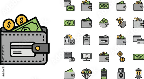 Wallet with Money and Credit Card Icon Illustration.