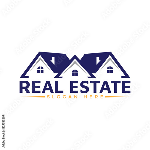 Modern real estate logo design featuring three stylized house silhouettes with dark blue roofs and white walls, isolated on white background