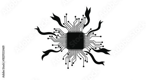 Abstract digital circuit board with flowing lines, representing technology and data flow.