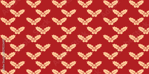 Seamless festive pattern with stylized golden holly leaves and berries on a rich red background, ideal for Christmas wrapping paper, gift packaging, textiles, greeting cards and elegant seasonal holid