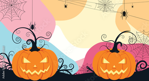 Cute and spooky Halloween background with two carved jack-o'-lanterns, spiders, and spiderwebs on a pastel abstract backdrop.