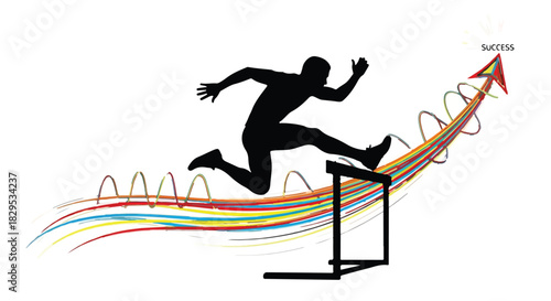Silhouette of athlete jumping over hurdle on colorful upward arrow symbolizing success and achievement.