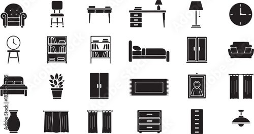 Assortment of Black Furniture and Household Item Icons armchair chair