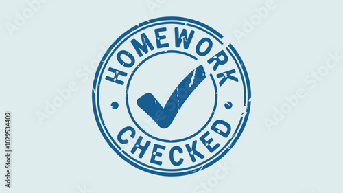 A blue homework checked stamp with a checkmark inside a circle on a light blue background plain style