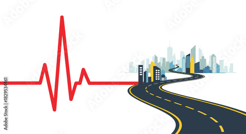 Heartbeat line leading to a city road, Generative AI.