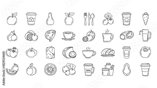 Set of Black Lines Fruit and Vegetables Icons - Natural Foods Icons