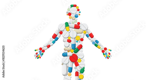 Human Body Outline Formed by Assorted Pills and Capsules, Generative AI.