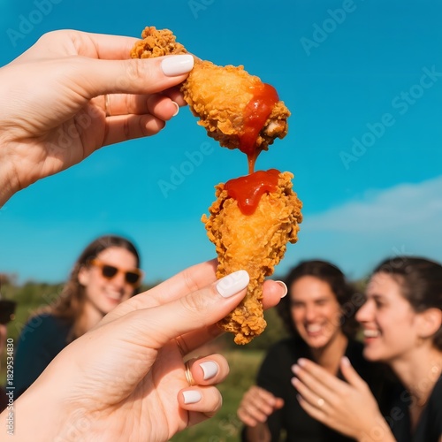 4k high quality Ai generative HD photo realistic menu selling restaurant eat dish snack food deep fried chicken nugget mushroom dory spicy sauce holding hand dipped friends gathering group together