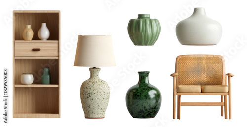 Stylish Home Decor Arrangement with Vases, Lamp, and Chair on Transparent Background
