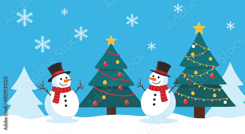 Two cheerful snowmen in hats and scarves stand among festive Christmas trees and falling snowflakes in a snowy winter landscape.