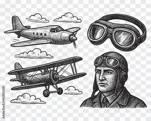 Vintage Aviation Elements Pilot, Airplanes, and Goggles Hand-Drawn Sketch