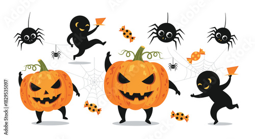 A playful Halloween illustration featuring dancing jack-o'-lanterns, smiling ghost figures, cute spiders, and scattered candy for a festive celebration.