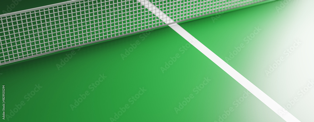 Obraz premium Green table tennis court with white line and net, rendered with soft lighting on an isolated background. Nobody is present in the scene. 3D Rendering