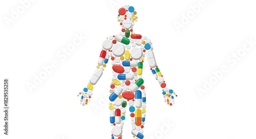 Human Body Outline Filled With Assorted Colorful Pills and Capsules, Generative AI.