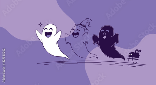 Three cheerful cartoon ghosts and a little companion on wheels celebrate Halloween in a playful parade.
