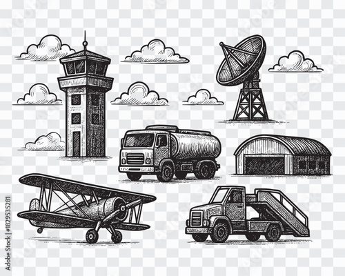 Hand-Drawn Airport Infrastructure and Aviation Ground Support Elements Airport Infrastructure and Aviation Ground Support Elements Vector Set Aviation Ground Support Equipment & Airport Infrastructure