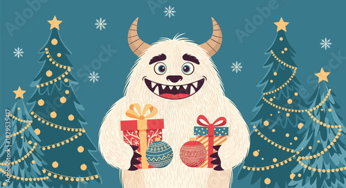 A friendly, furry yeti holds festive Christmas gifts and ornaments, surrounded by decorated trees and snowflakes on a blue winter holiday background.