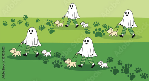 Multiple friendly ghosts wearing striped pants walk their adorable puppies, some on leashes, through a green landscape with paw prints.