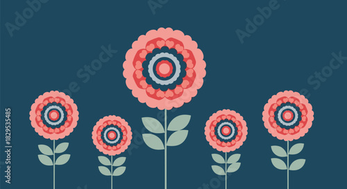 A symmetrical arrangement of stylized folk art flowers in pink, blue, and green against a dark teal background, featuring one prominent central bloom.