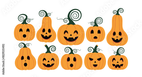 A vibrant collection of ten cartoon Halloween pumpkins, each with unique carved faces and curly green stems, isolated on white.