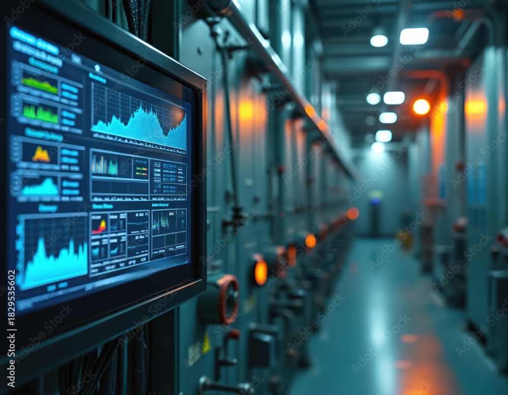 Naklejka premium Industrial control cabinet shows digital screen with data graphs, analytics. Modern factory machinery corridor displays info. System monitors process flow, ensuring efficient operations, tech, smart