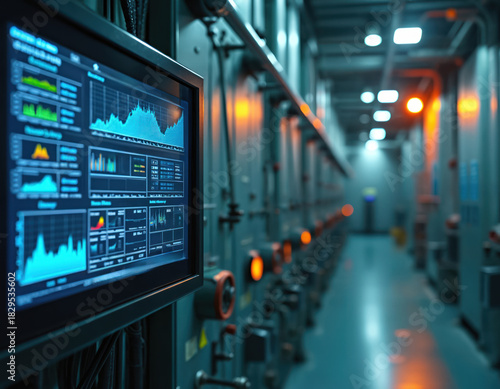 Industrial control cabinet shows digital screen with data graphs, analytics. Modern factory machinery corridor displays info. System monitors process flow, ensuring efficient operations, tech, smart