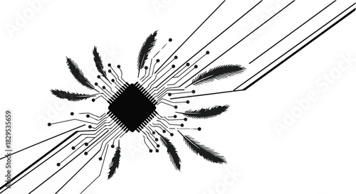 Abstract fusion of technology and nature with a central circuit board and feather-like elements