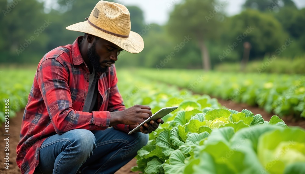 Obraz premium African farmer uses digital tablet for research, collects data. Checks green cabbage plants, monitors crop health in farm field. Man manages smart agri tech for sustainable food production, future