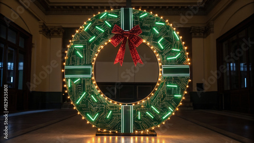 Christmas cyber security wreath with circuit board design glowing lights and red bow festive decoration in modern interior