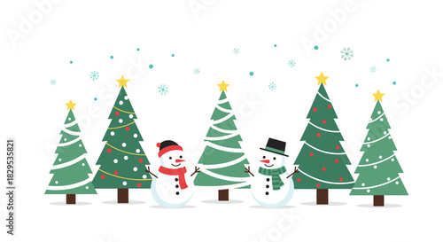 A cheerful festive scene featuring two happy snowmen standing among decorated Christmas trees with falling snow.