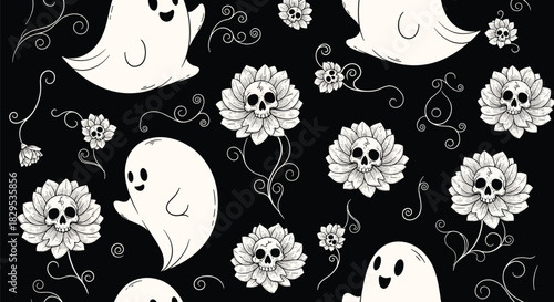 Cute Halloween pattern with friendly ghosts, skull flowers, and decorative swirls on a black background, perfect for spooky season designs.