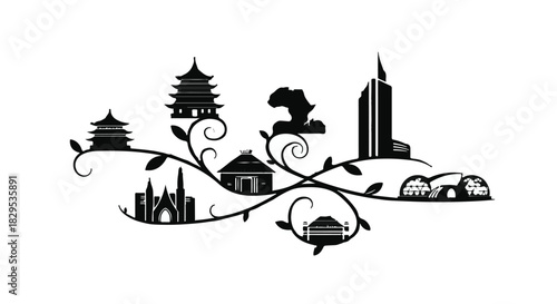 Diverse architectural styles and cultural symbols intertwine, representing global heritage and progress.