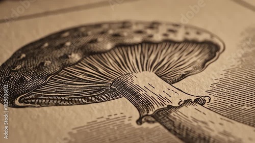 Cinematic macro dolly shot gliding over the highly textured surface of a shiitake mushroom vintage engraving macro, abstract, stylized
