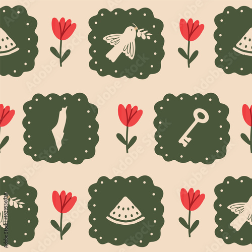 Cute Vintage Coquette Palestine-Themed Seamless Pattern Featuring Flying Bird with Olive, Vintage Keys, Map Symbol, and Watermelon Motifs. 
