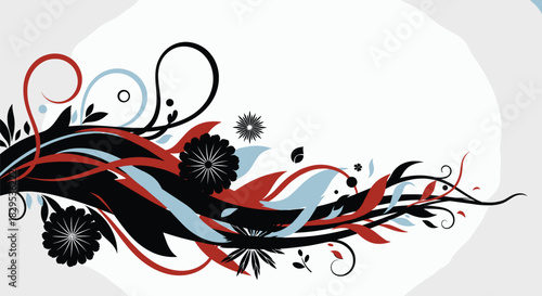 Dynamic abstract floral design featuring flowing lines, leaves, and stylized flowers in black, terracotta, and light blue against a soft grey and white background.
