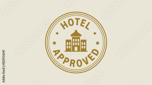 A hotel approved stamp with a building icon in the center surrounded by stars and double circles
