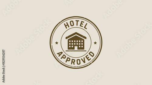 A hotel approved stamp with a building icon inside a circle with stars on a light beige background